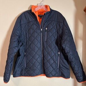 Lands' End Black Women’s Quilted Jacket with Bright Orange Interior,Size Large